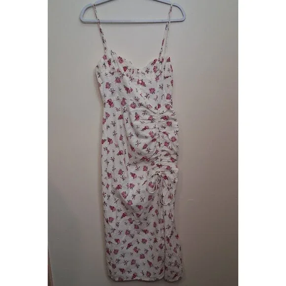 Zara Cottage Pink Floral Dress Eyelet Front Slit Sweetheart Neck - Picture 2 of 8